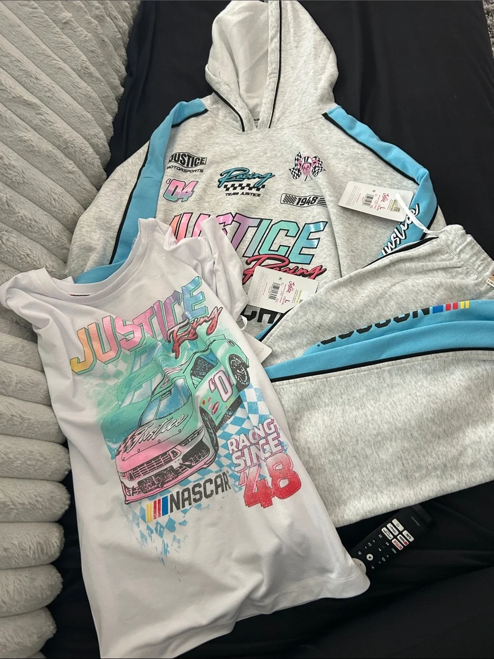 Justice Girls Gray & Blue Racing Hoodie sweats and Graphic Tee Set nascar racing